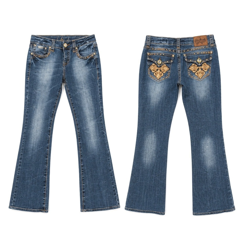 L.A. Idol Bootcut Jeans 9 Y2K Blue Rhinestone Fleur de Lis Low Rise Indie Sleaze